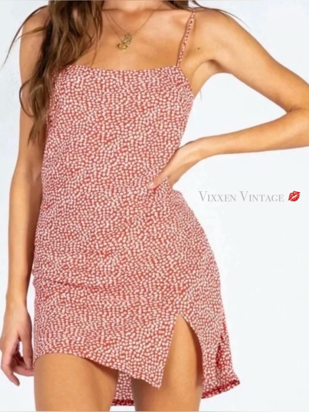 PRINCESS POLLY DITSY SQUARE NECK OPEN BACK MINI SLIP DRESS IN RED